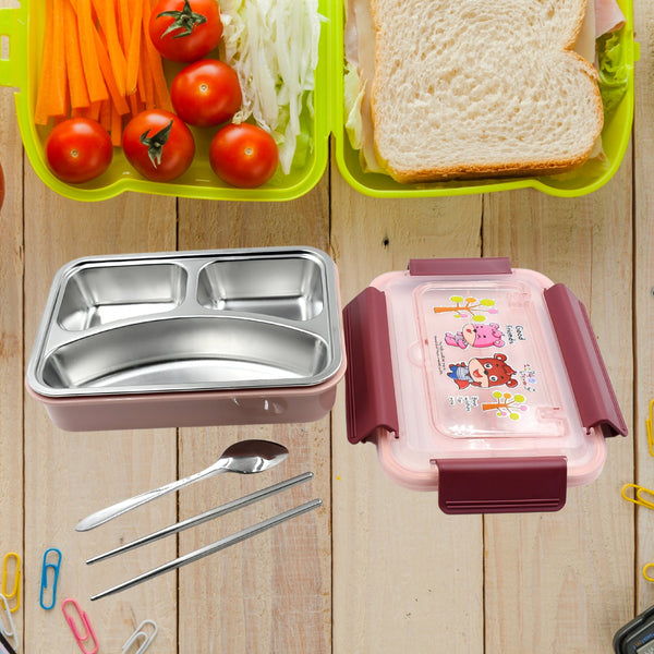 Food‑Safe Materials Kids Lunch Box With steel  Spoon & chopsticks Compartment is Designed Made of 304 Stainless Steel Easy to Clean for School for Camping for Work for Home, Office