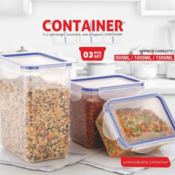 Classics Rectangular Plastic Airtight Food Storage Containers with Leak Proof Locking Lid Storage container set of 3 Pc( Approx Capacity 500ml,1000ml,1500ml, Transparent)