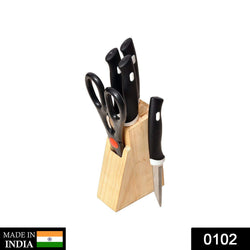 102 Kitchen Knife Set with Wooden Block and Scissors (5 pcs, Black) buyosoothmart.in