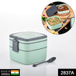 2837A GREEN DOUBLE-LAYER PORTABLE LUNCH BOX STACKABLE WITH CARRYING HANDLE AND SPOON LUNCH BOX , Bento Lunch Box DeoDap