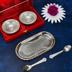 2947A Silver Plated 2 Bowl 2 Spoon Tray Set Brass with Red Velvet Gift Box Serving Dry Fruits Desserts Gift, Bartan DeoDap