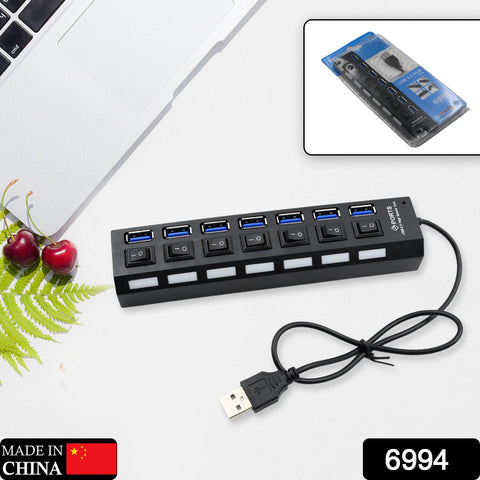 6994 USB Splitter Multi Port USB 2.0 Hub, 7 Port with Independent On/Off Switch and LED Indicators USB A Port Data Hub, Suitable for PC Computer Keyboard Laptop Mobile HDD, Flash Drive Camera Etc